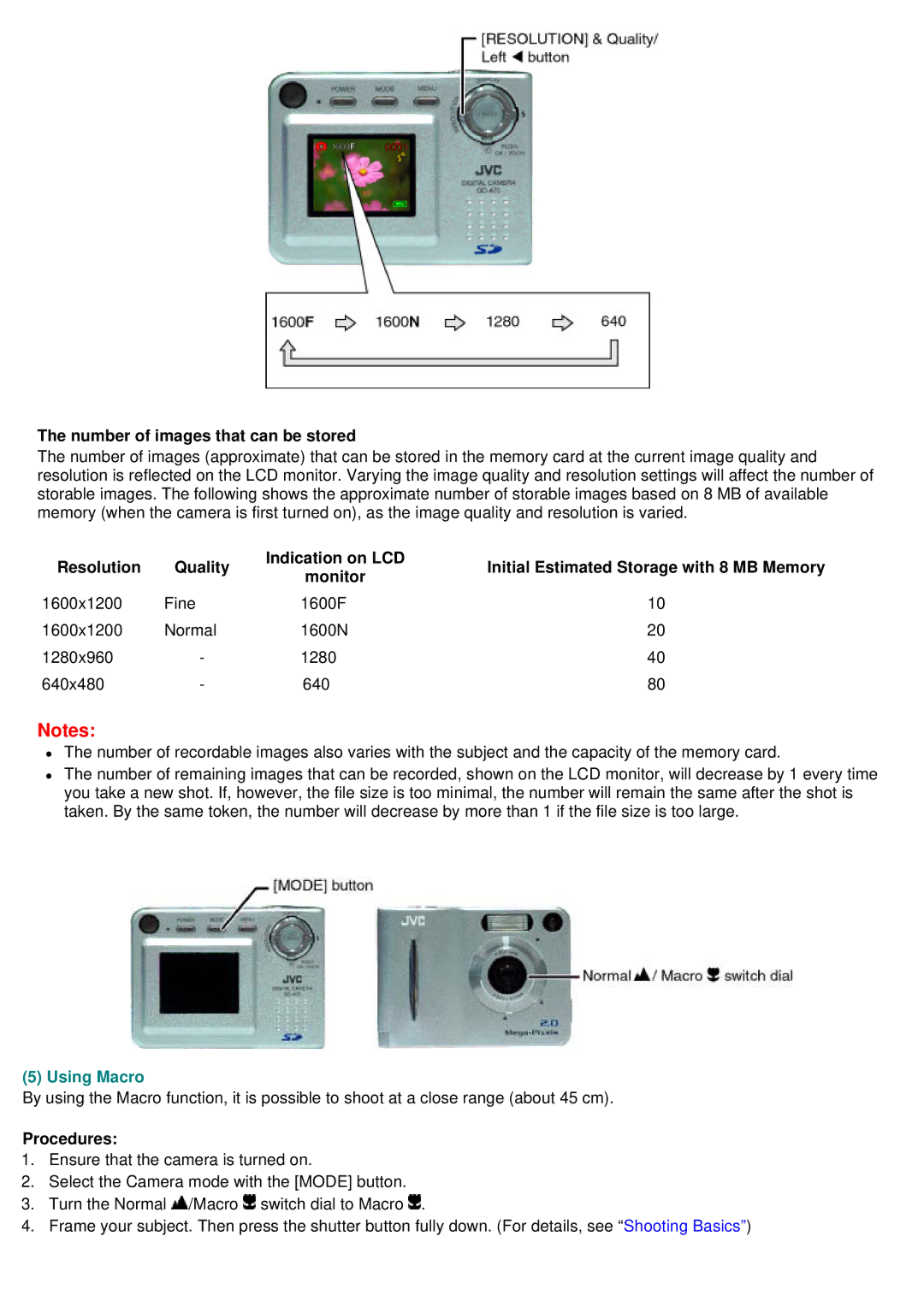 JVC GC-A70 instruction manual Number of images that can be stored, Resolution, Indication on LCD, Monitor, Using Macro 