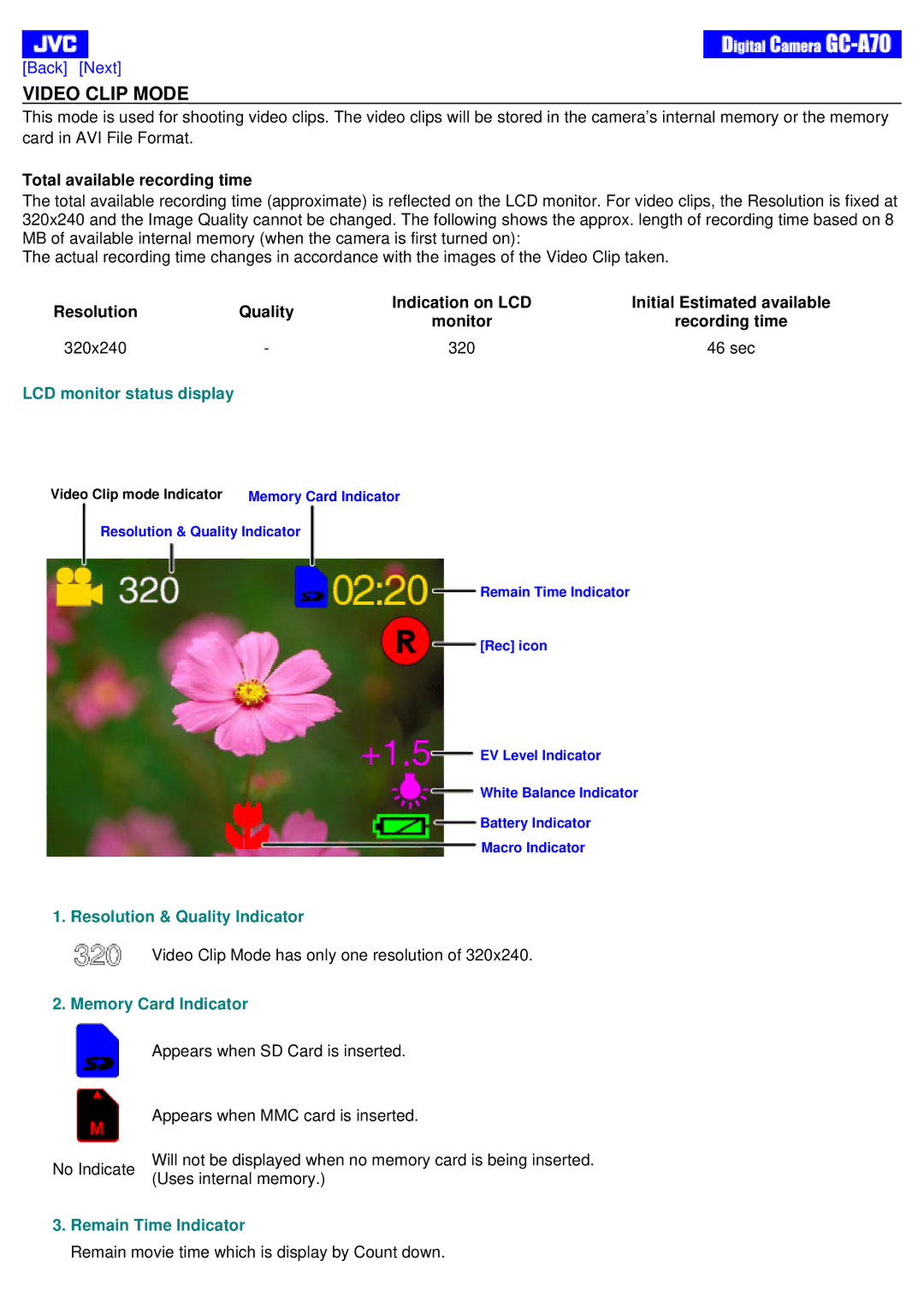 JVC GC-A70 LCD monitor status display, Resolution & Quality Indicator, Memory Card Indicator, Remain Time Indicator 