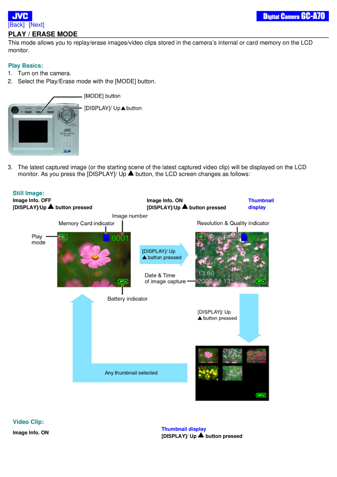 JVC GC-A70 instruction manual Play Basics, Still Image, Video Clip 