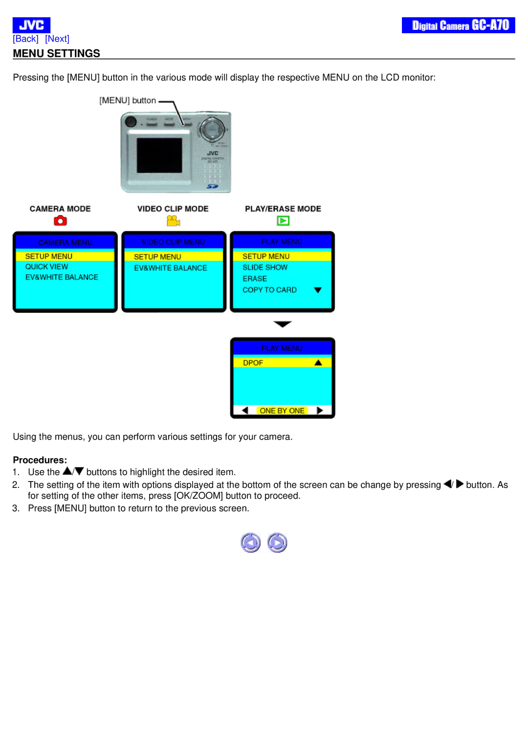 JVC GC-A70 instruction manual Menu Settings 