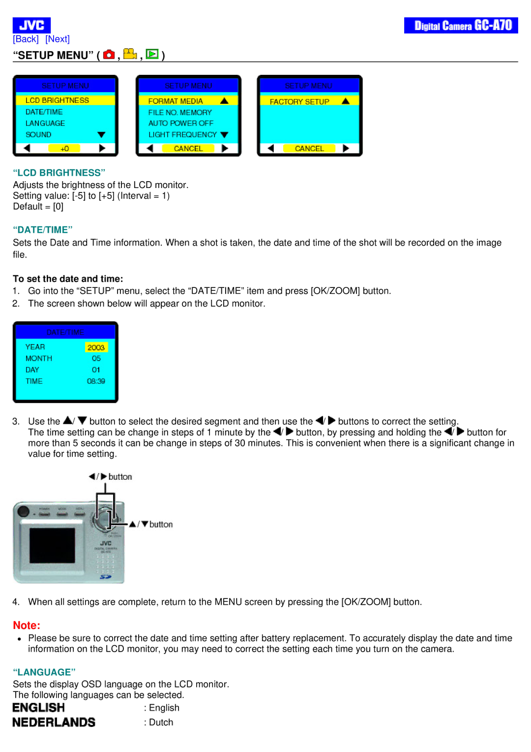 JVC GC-A70 instruction manual Setup Menu, To set the date and time 