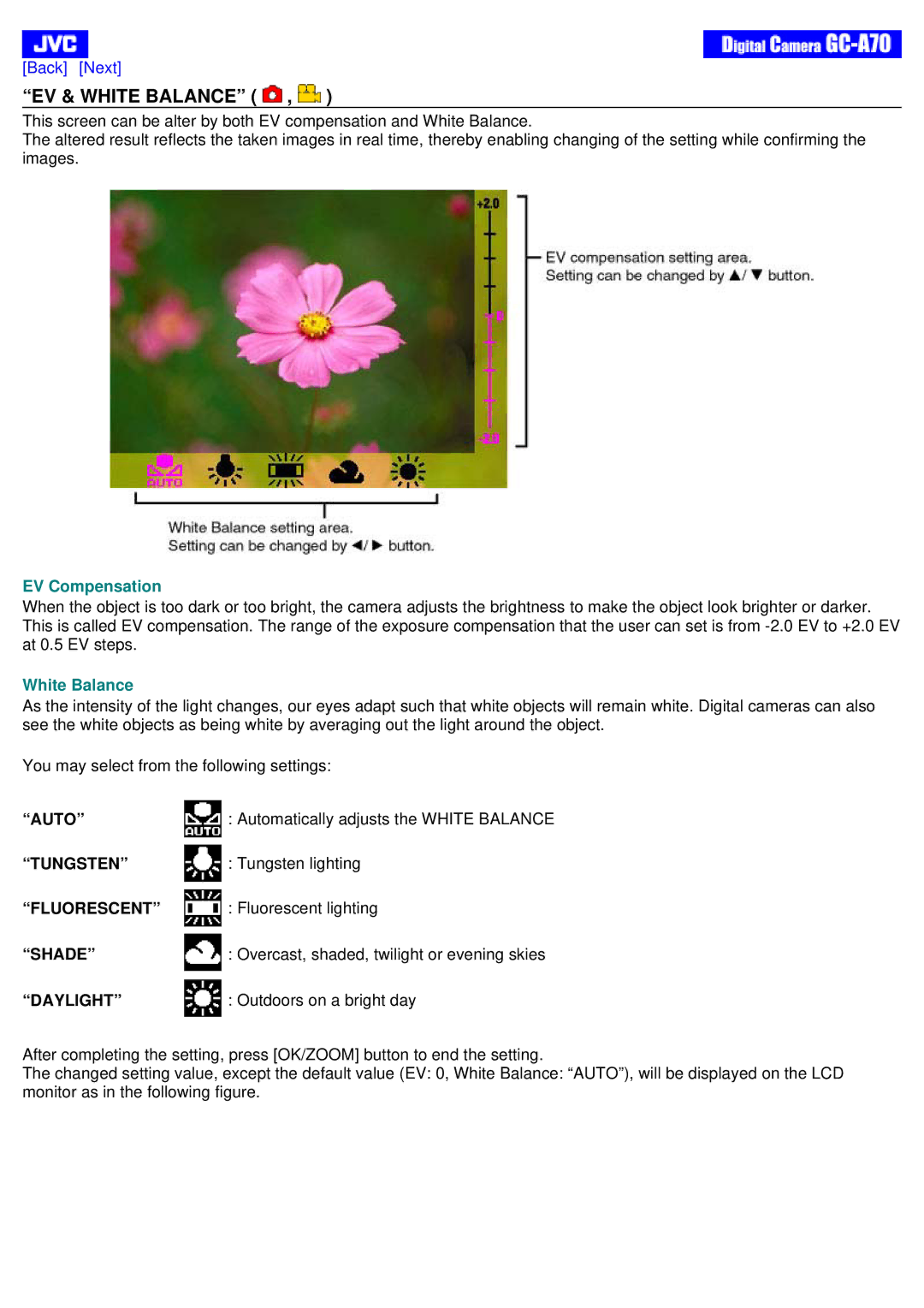 JVC GC-A70 instruction manual EV & White Balance, EV Compensation 