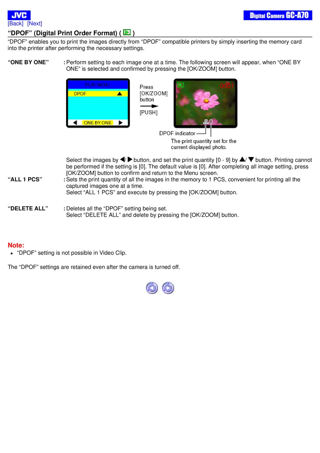 JVC GC-A70 instruction manual Dpof Digital Print Order Format, Deletes all the Dpof setting being set 