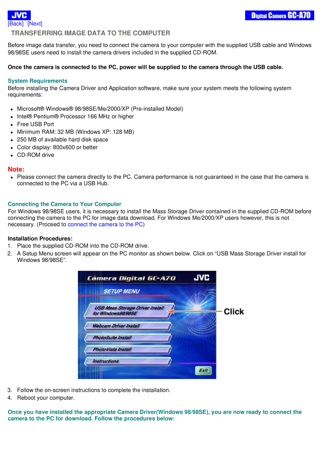 JVC GC-A70 Transferring Image Data to the Computer, System Requirements, Connecting the Camera to Your Computer 