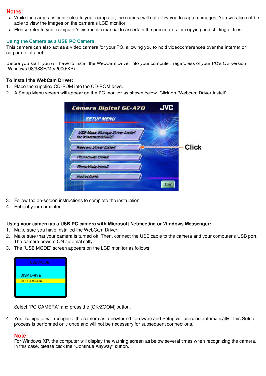 JVC GC-A70 instruction manual Using the Camera as a USB PC Camera, To install the WebCam Driver 