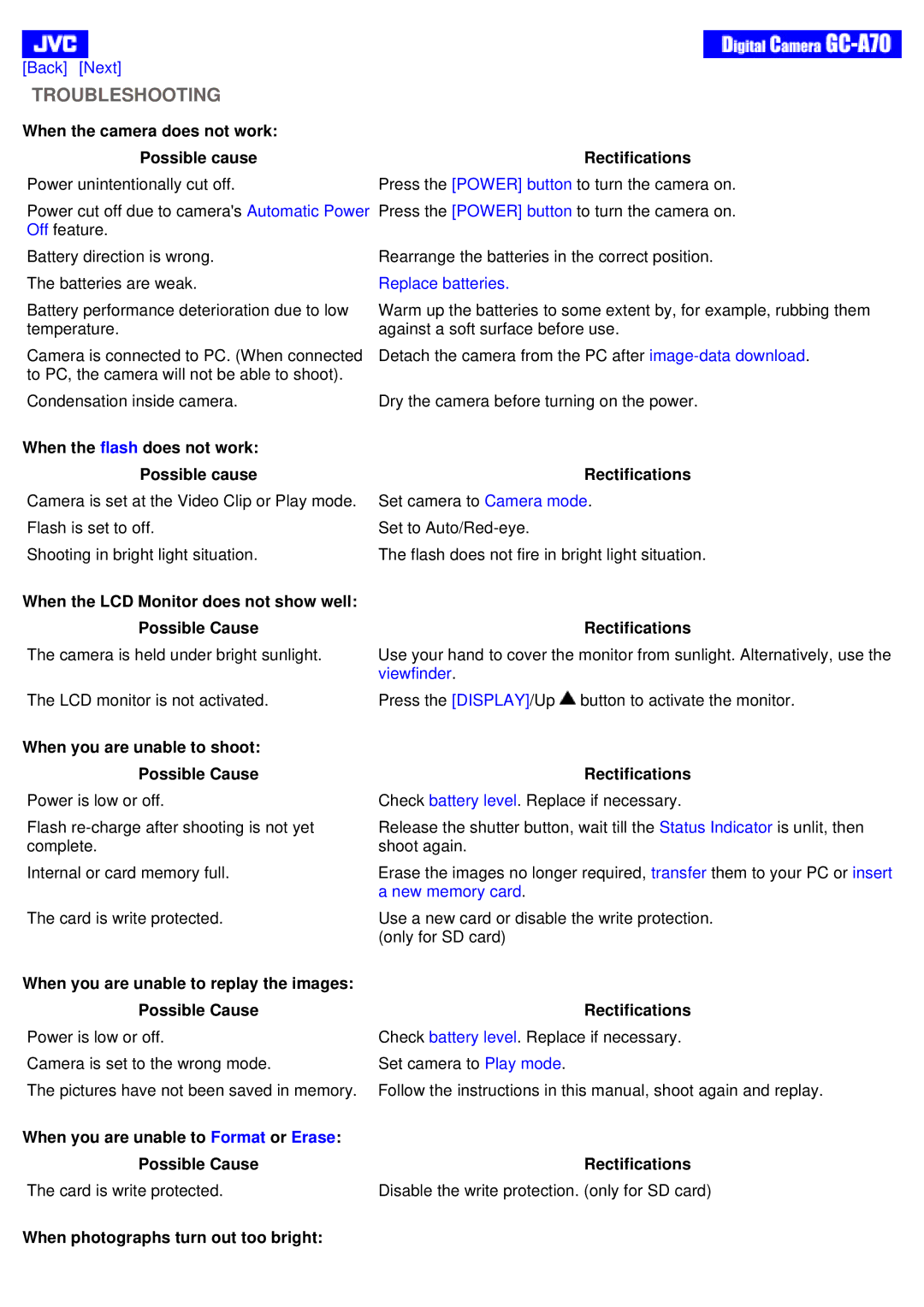 JVC GC-A70 instruction manual Troubleshooting 