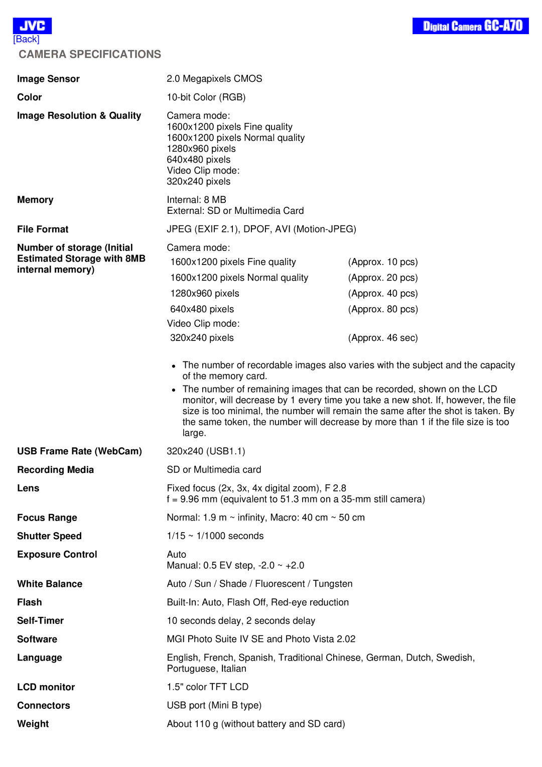 JVC GC-A70 instruction manual Camera Specifications 