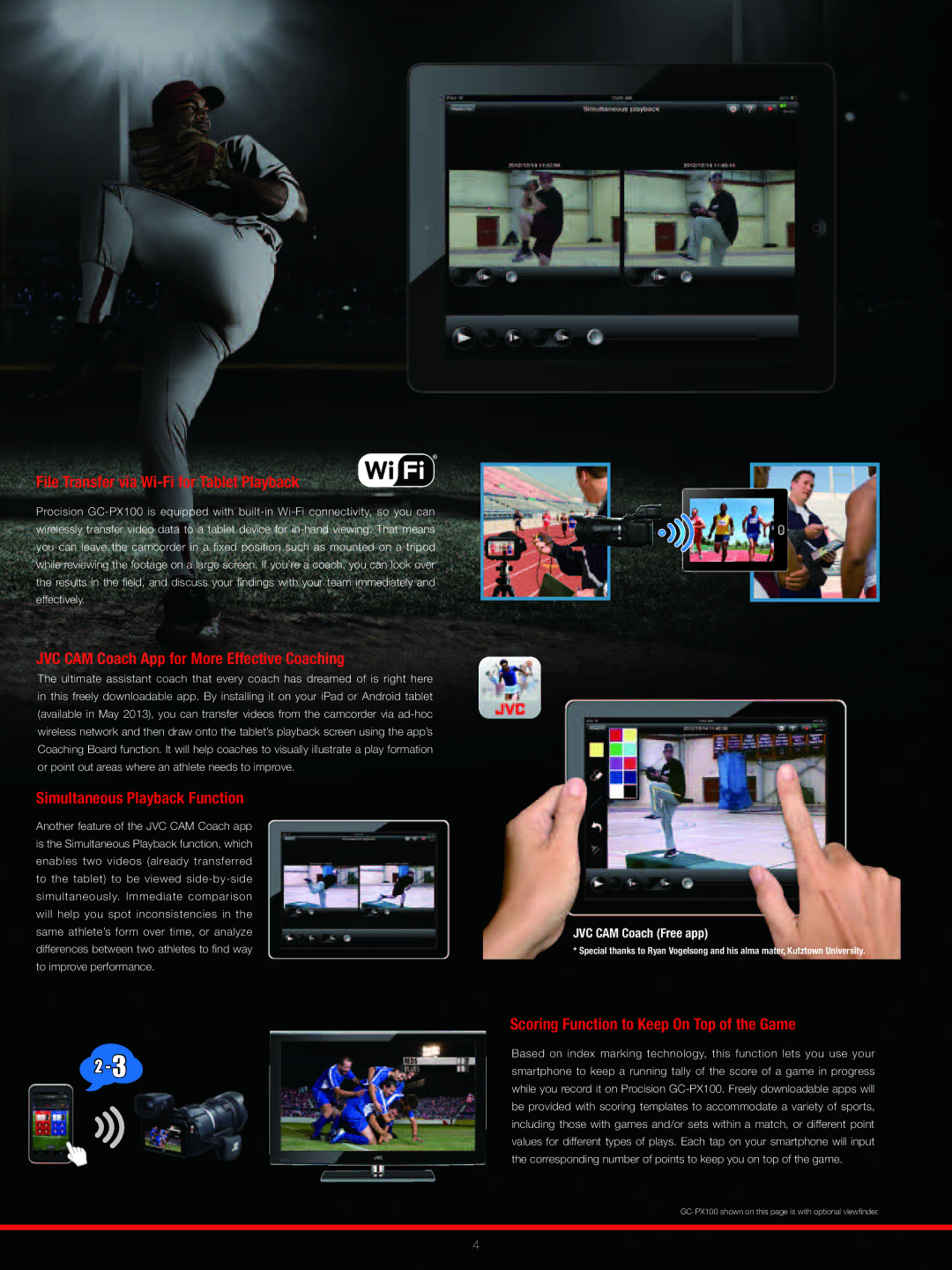 JVC GC-PX100 manual File Transfer via Wi-Fi for Tablet Playback, JVC CAM Coach App for More Effective Coaching 