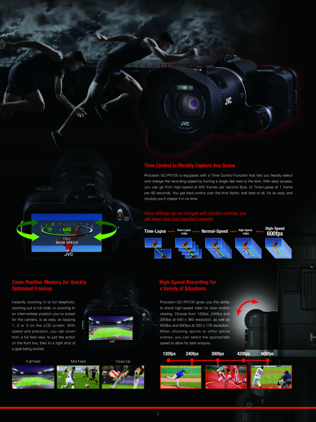 JVC GC-PX100 manual 600fps, Time Control to Flexibly Capture Any Scene, Zoom Position Memory for Quickly Optimized Framing 