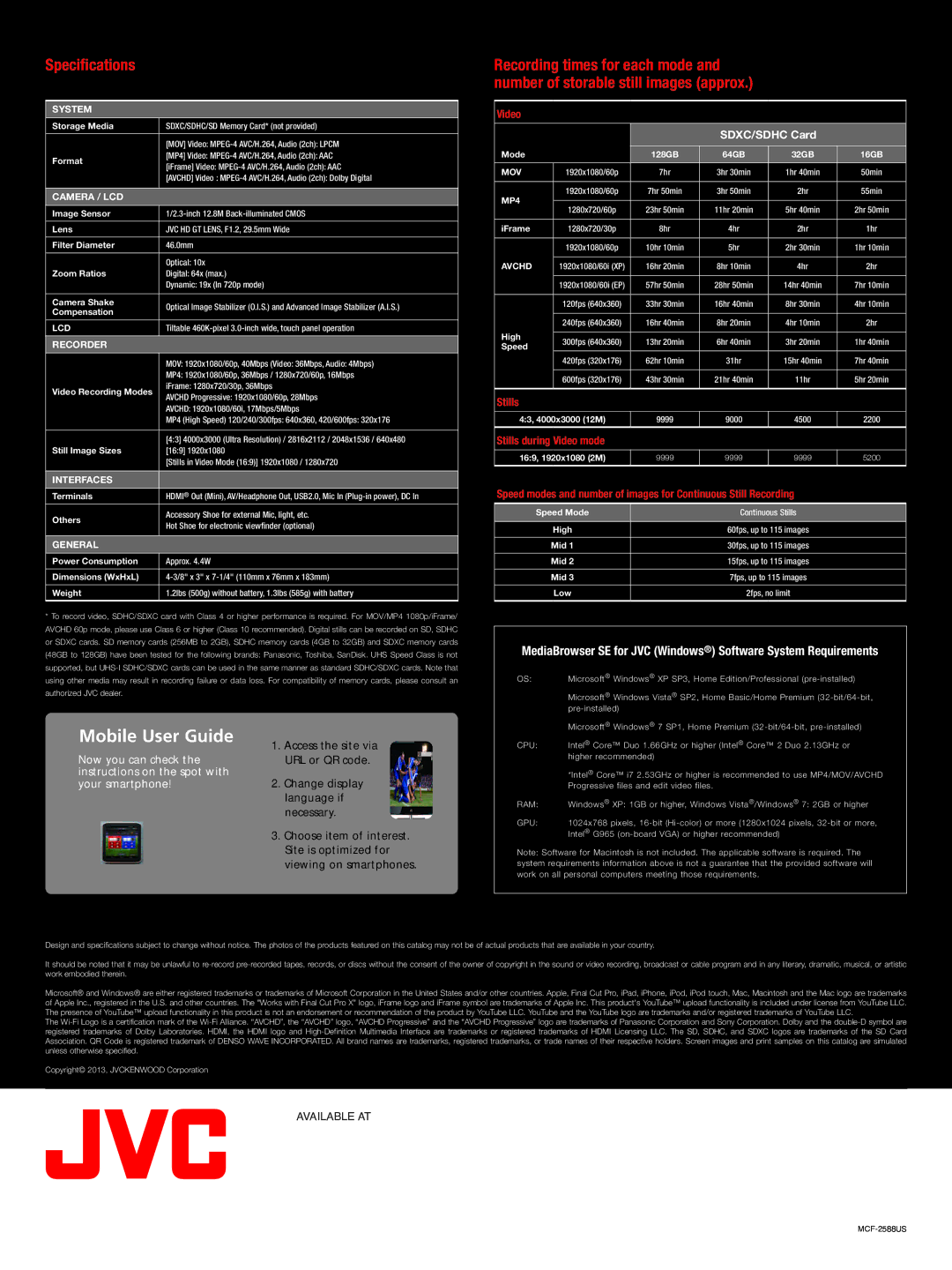 JVC GC-PX100 manual Mobile User Guide, Specifications 