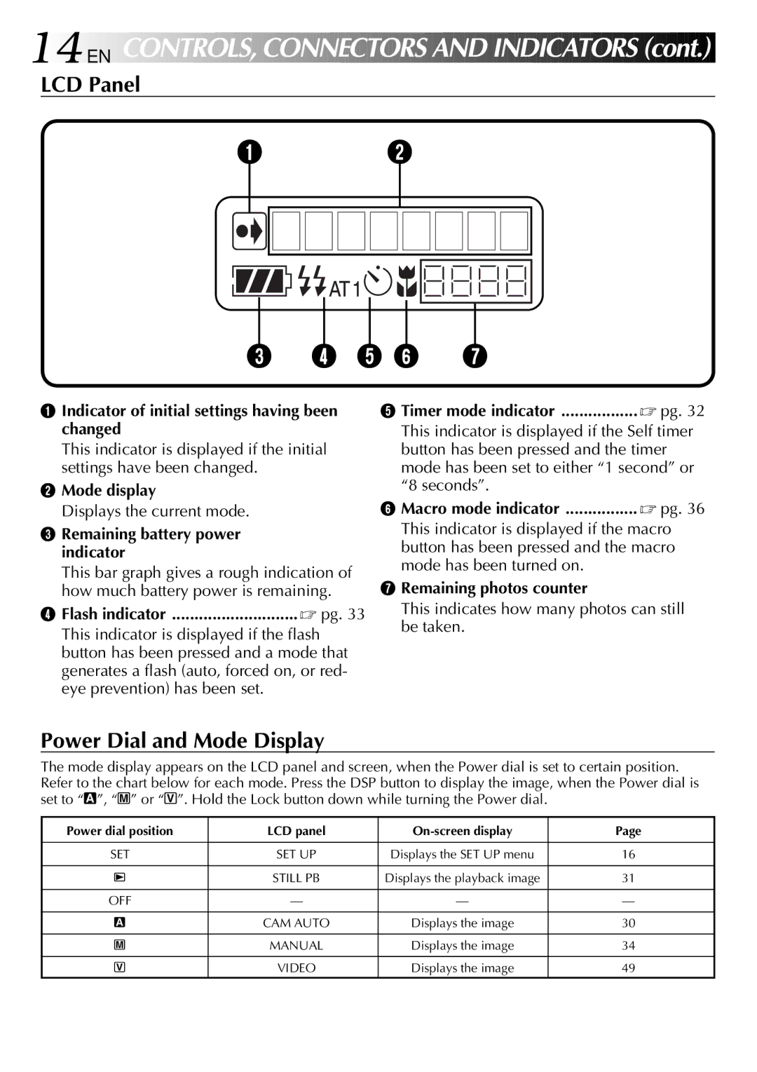 JVC GC-QX3 manual 14 EN, Indicator of initial settings having been changed, Mode display, Remaining battery power indicator 