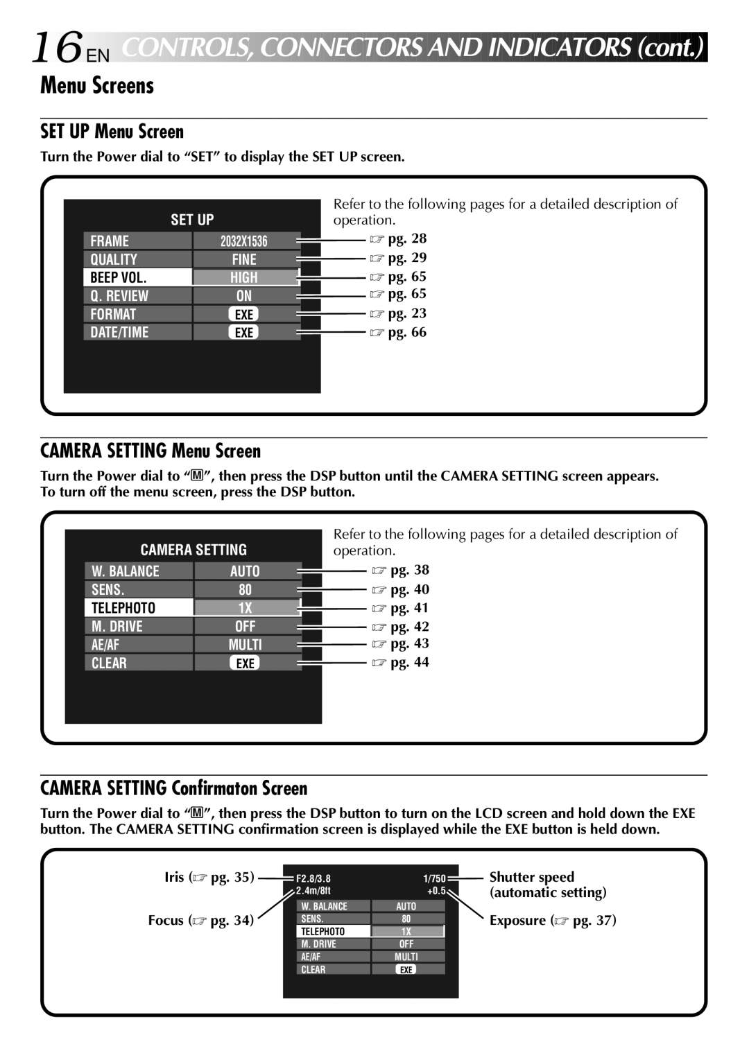 JVC GC-QX3 manual 16 EN, Menu Screens, Turn the Power dial to SET to display the SET UP screen, Exposure pg 