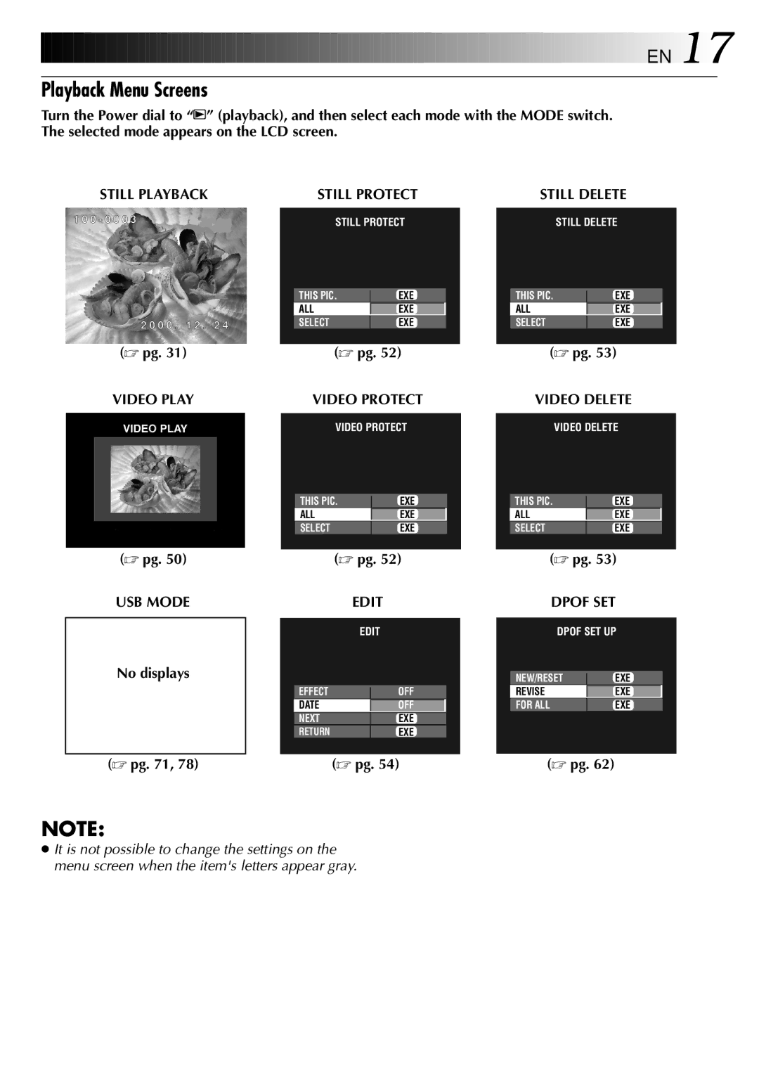 JVC GC-QX3 manual Playback Menu Screens, No displays 