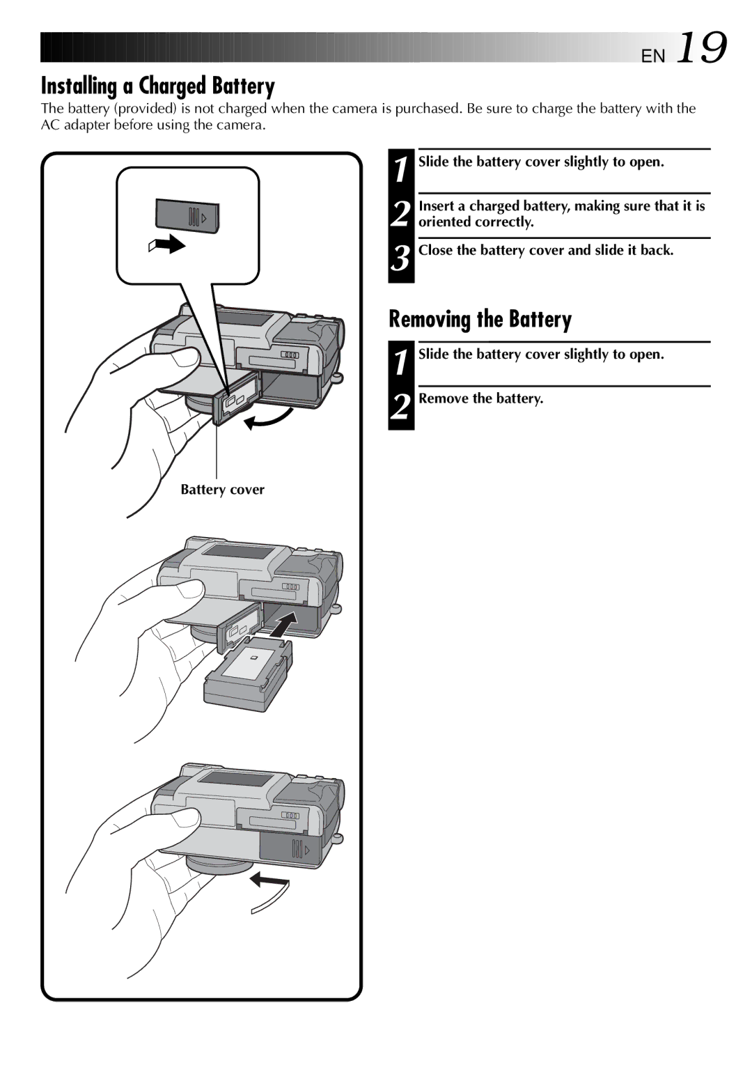 JVC GC-QX3 manual Installing a Charged Battery, Removing the Battery 