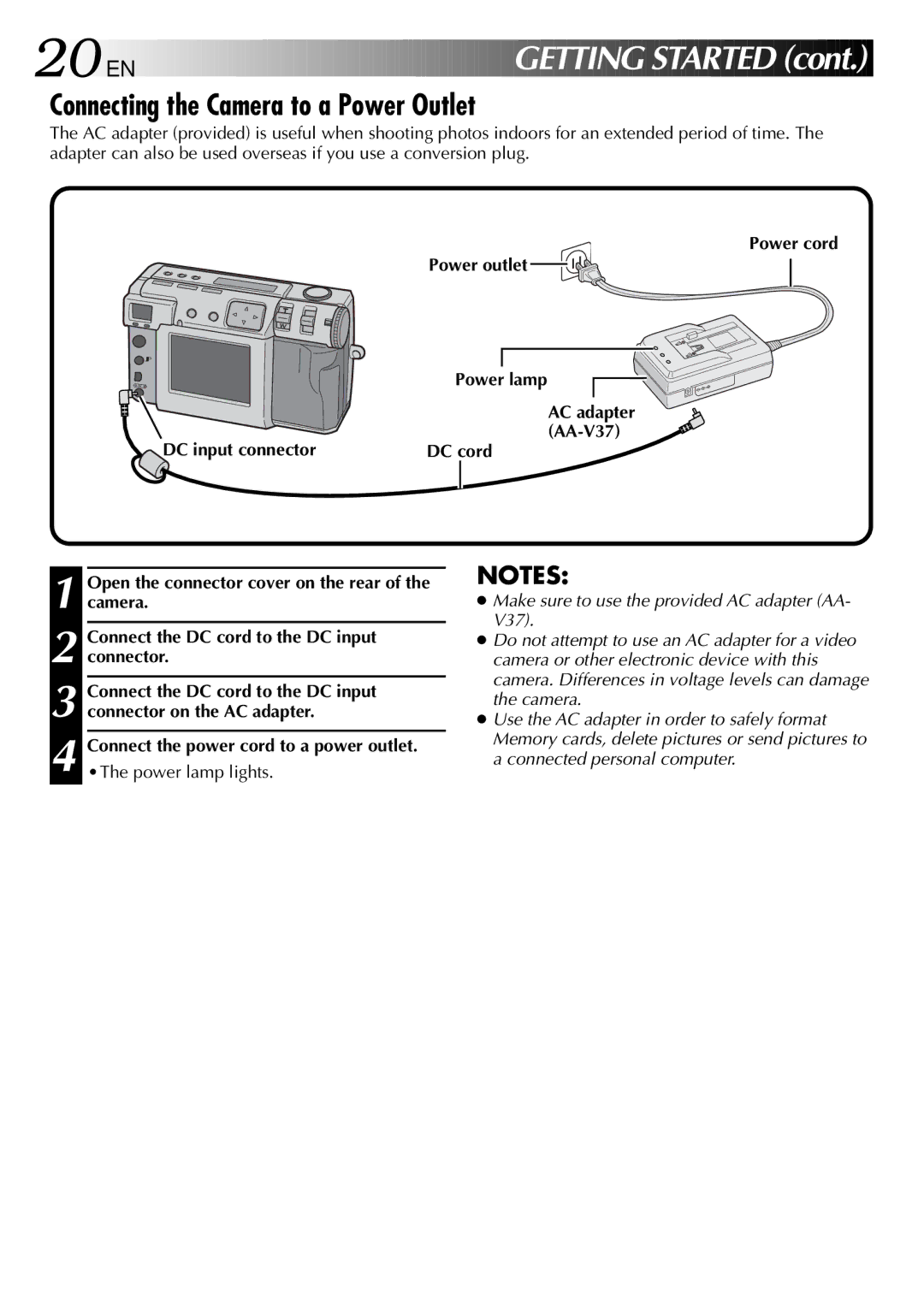 JVC GC-QX3 manual 20 EN, Getting Started, Connecting the Camera to a Power Outlet, Connect the power cord to a power outlet 