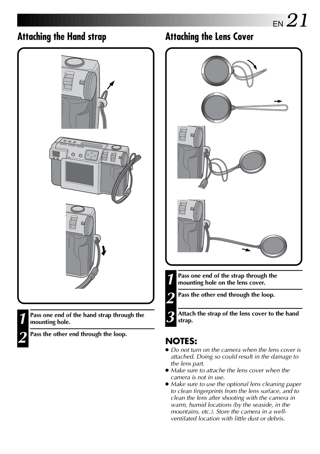 JVC GC-QX3 Attaching the Hand strap, Attaching the Lens Cover, Pass one end of the hand strap through the mounting hole 