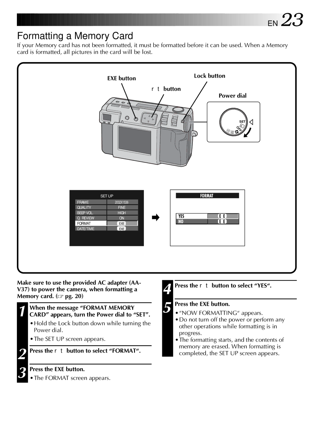 JVC GC-QX3 manual Formatting a Memory Card, EXE button Lock button Button, Press the r t button to select Format 