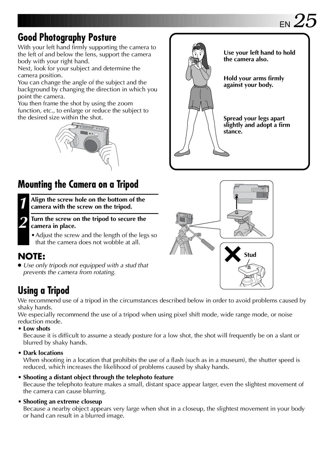 JVC GC-QX3 manual Good Photography Posture, Mounting the Camera on a Tripod, Using a Tripod 