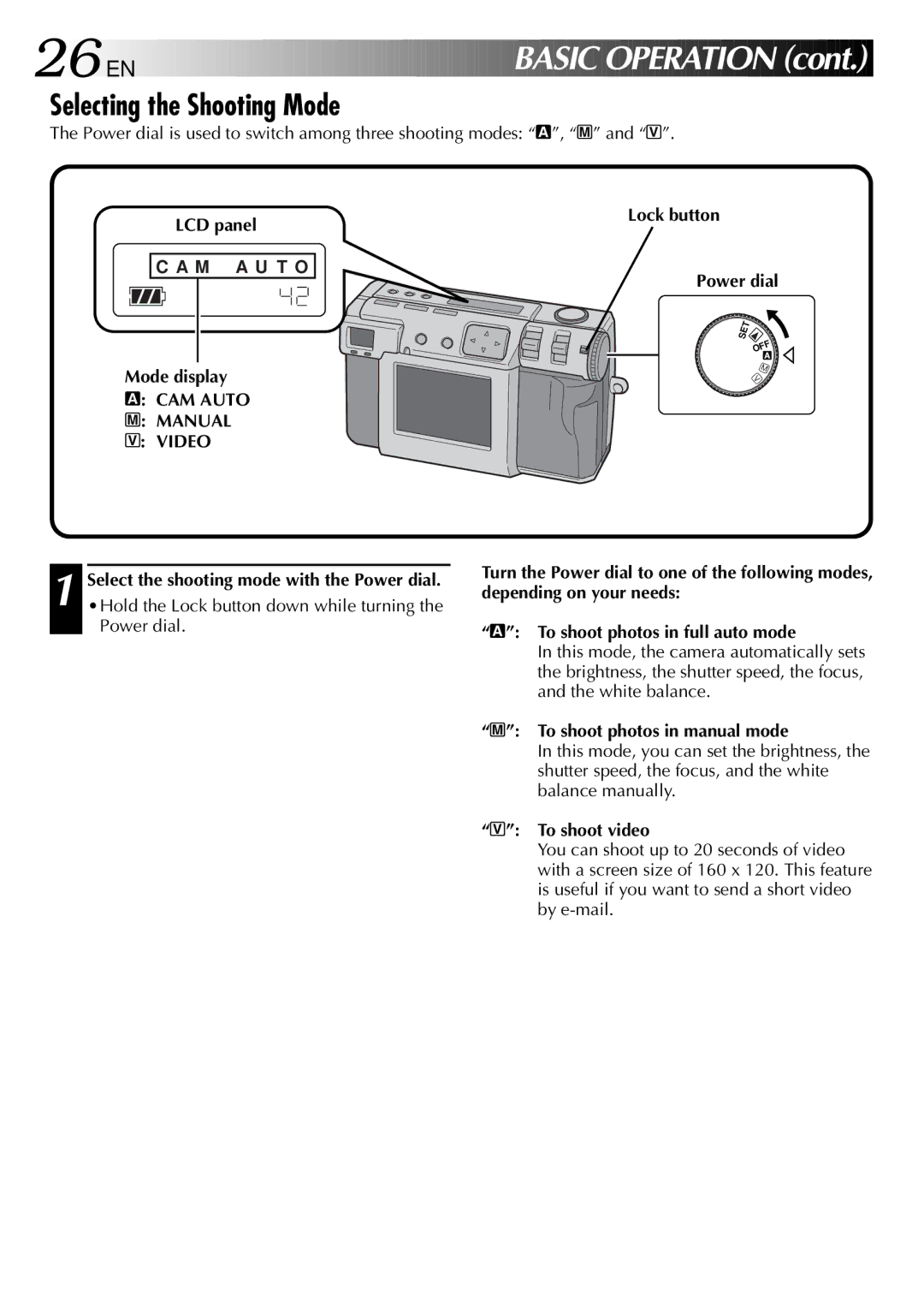 JVC GC-QX3 manual 26 EN, Basic Operation, Selecting the Shooting Mode 