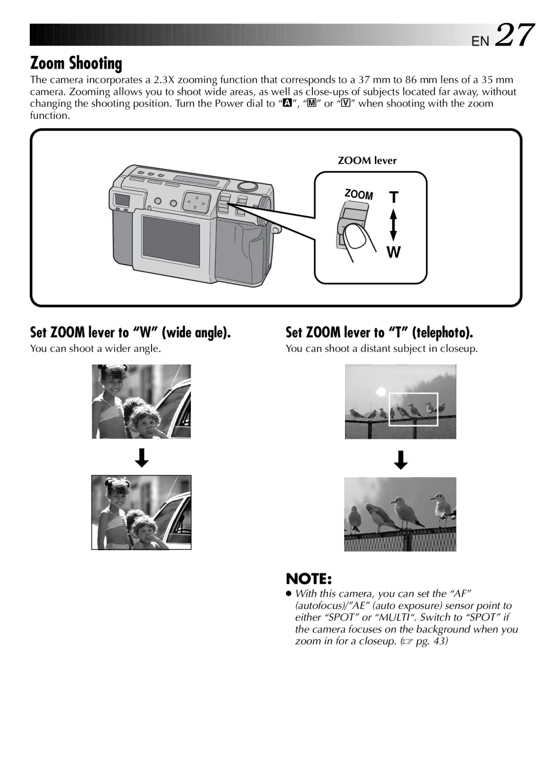 JVC GC-QX3 manual Zoom Shooting, Zoom lever, You can shoot a wider angle, You can shoot a distant subject in closeup 