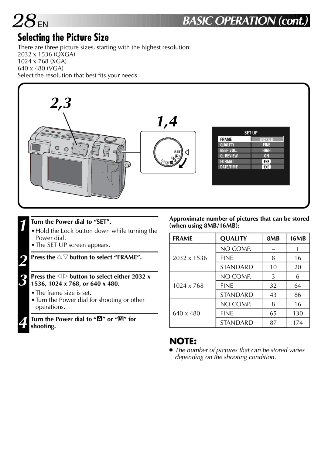 JVC GC-QX3 manual 28 EN, Selecting the Picture Size, Turn the Power dial to SET, 16MB 