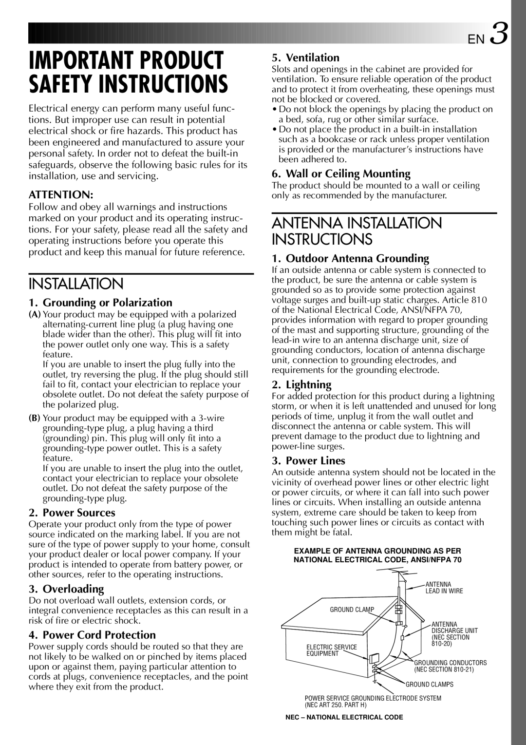 JVC GC-QX3 manual Grounding or Polarization, Power Sources, Overloading, Ventilation, Wall or Ceiling Mounting, Lightning 