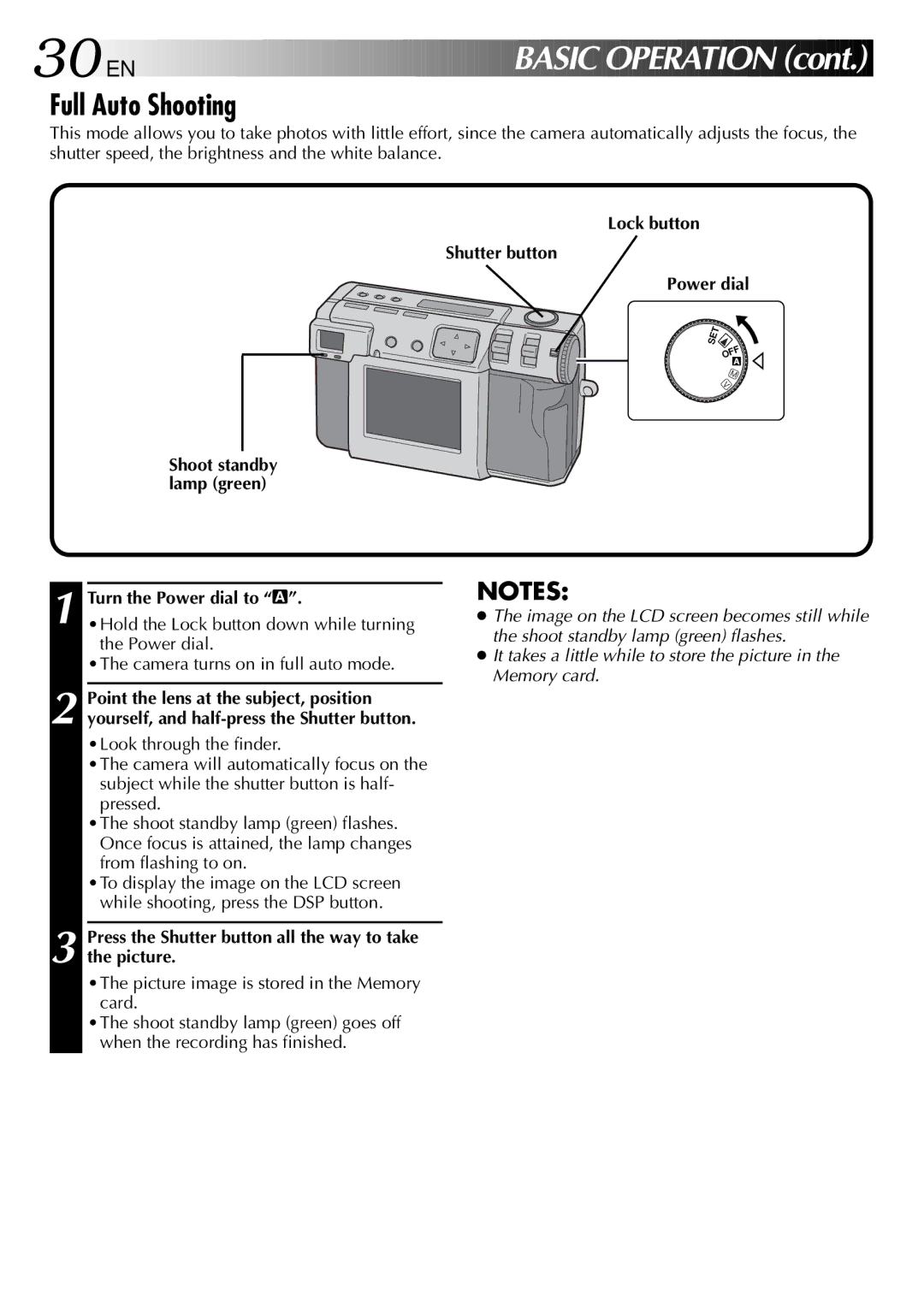 JVC GC-QX3 manual 30 EN, Full Auto Shooting, Press the Shutter button all the way to take the picture 