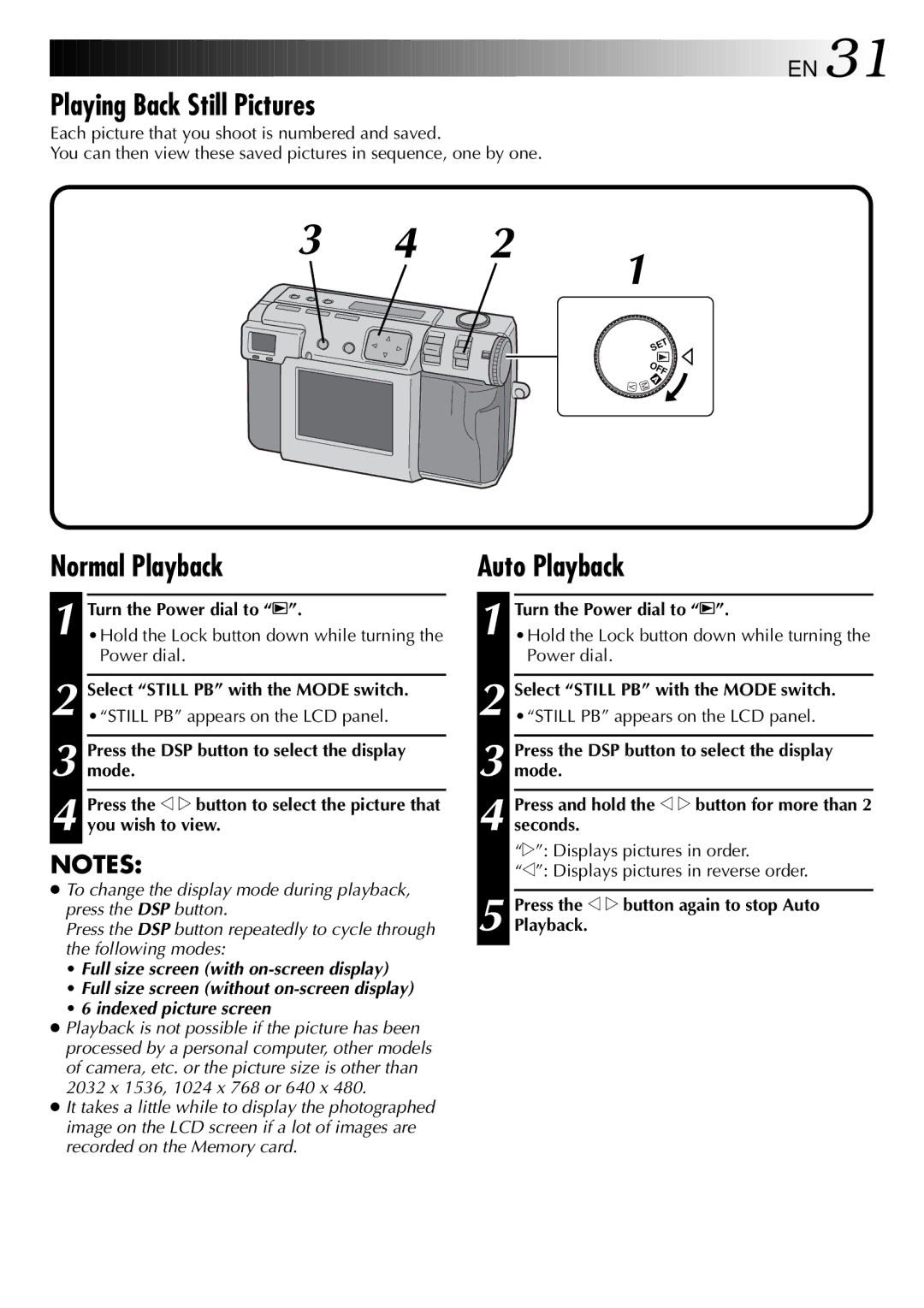 JVC GC-QX3 manual Playing Back Still Pictures, Normal Playback, Press the w e button again to stop Auto Playback 