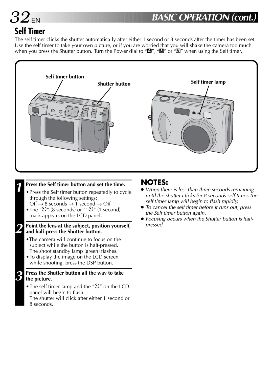 JVC GC-QX3 manual 32 EN, Self Timer, Self timer button Shutter button, Through the following settings 