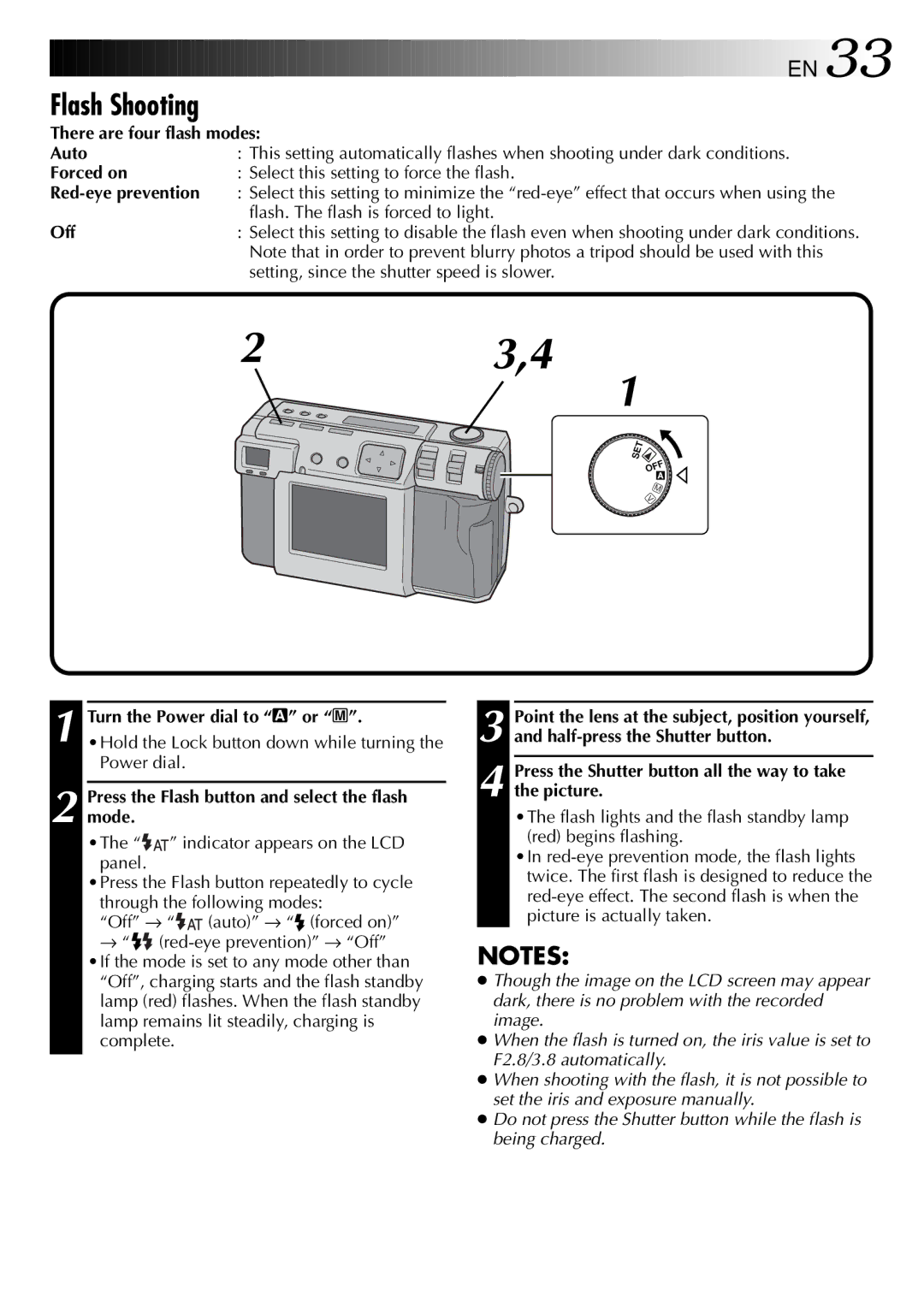 JVC GC-QX3 manual Flash Shooting, Flash. The flash is forced to light, Off, Setting, since the shutter speed is slower 