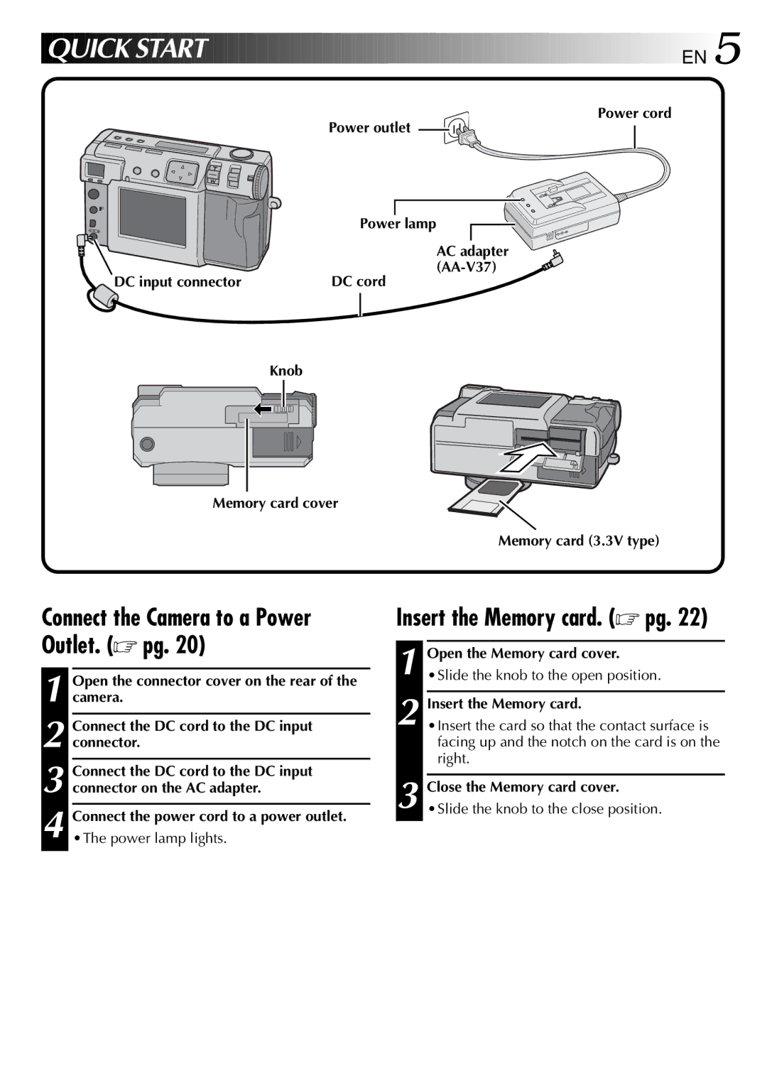 JVC GC-QX3 manual Quick Start, Connect the Camera to a Power Outlet. pg, Insert the Memory card. pg 