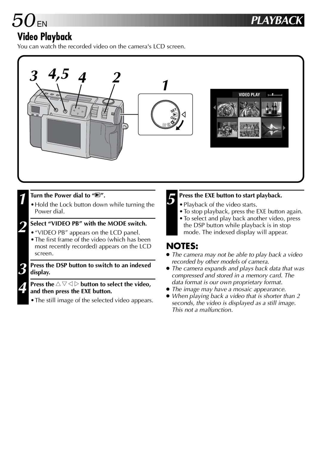 JVC GC-QX3 manual 50 EN, Video Playback, Select Video PB with the Mode switch 