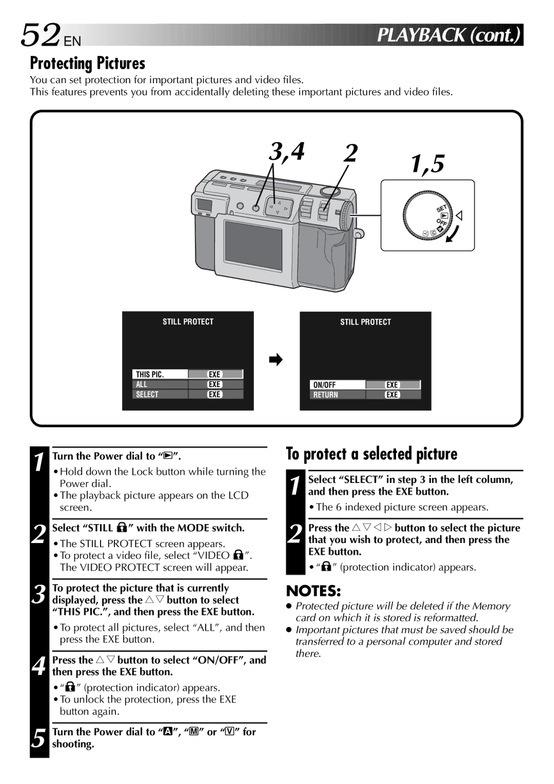 JVC GC-QX3 manual 52 EN, Playback, Protecting Pictures, To protect a selected picture 