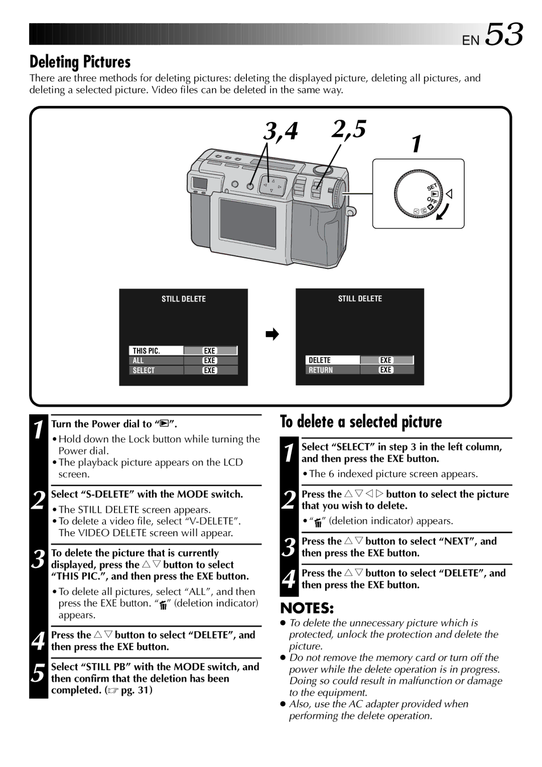 JVC GC-QX3 manual Deleting Pictures, To delete a selected picture, Deletion indicator appears 