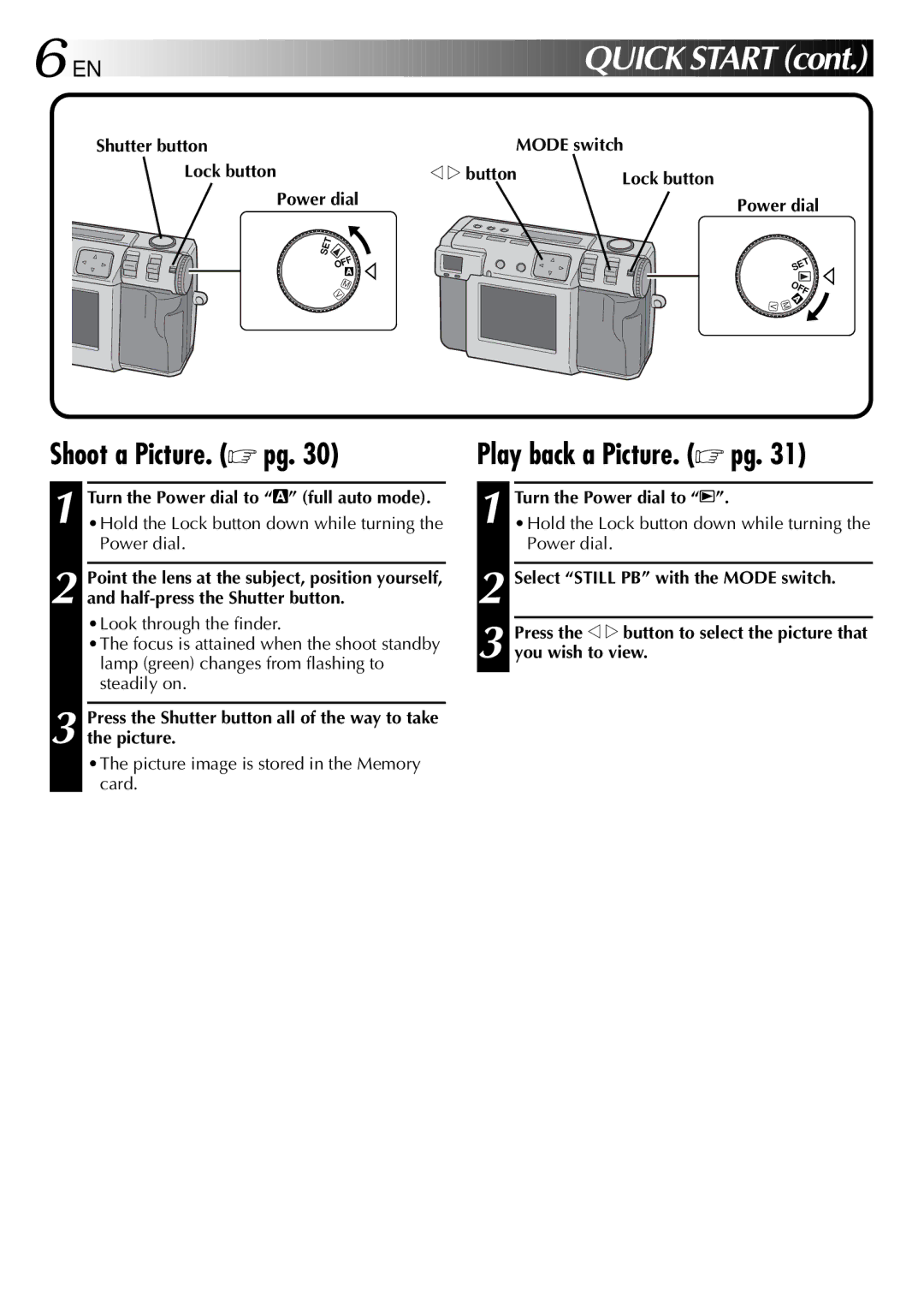 JVC GC-QX3 manual Shoot a Picture. pg, Play back a Picture. pg 