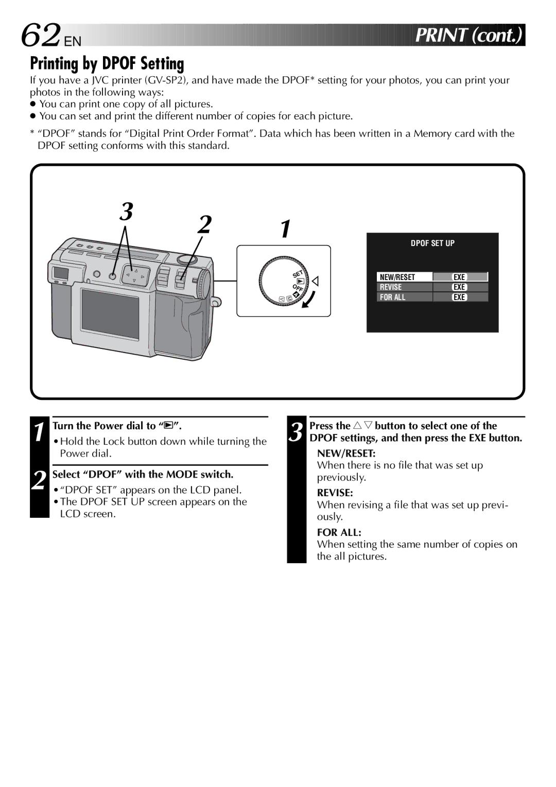 JVC GC-QX3 manual Printing by Dpof Setting, Turn the Power dial to B Press the r t button to select one 