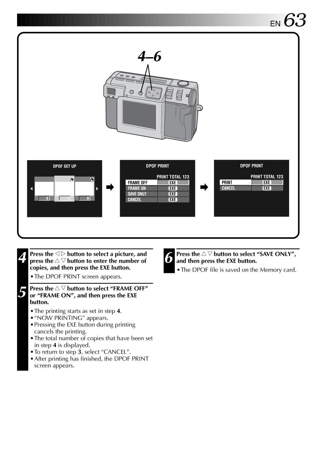 JVC GC-QX3 manual Dpof file is saved on the Memory card, Dpof Print screen appears 