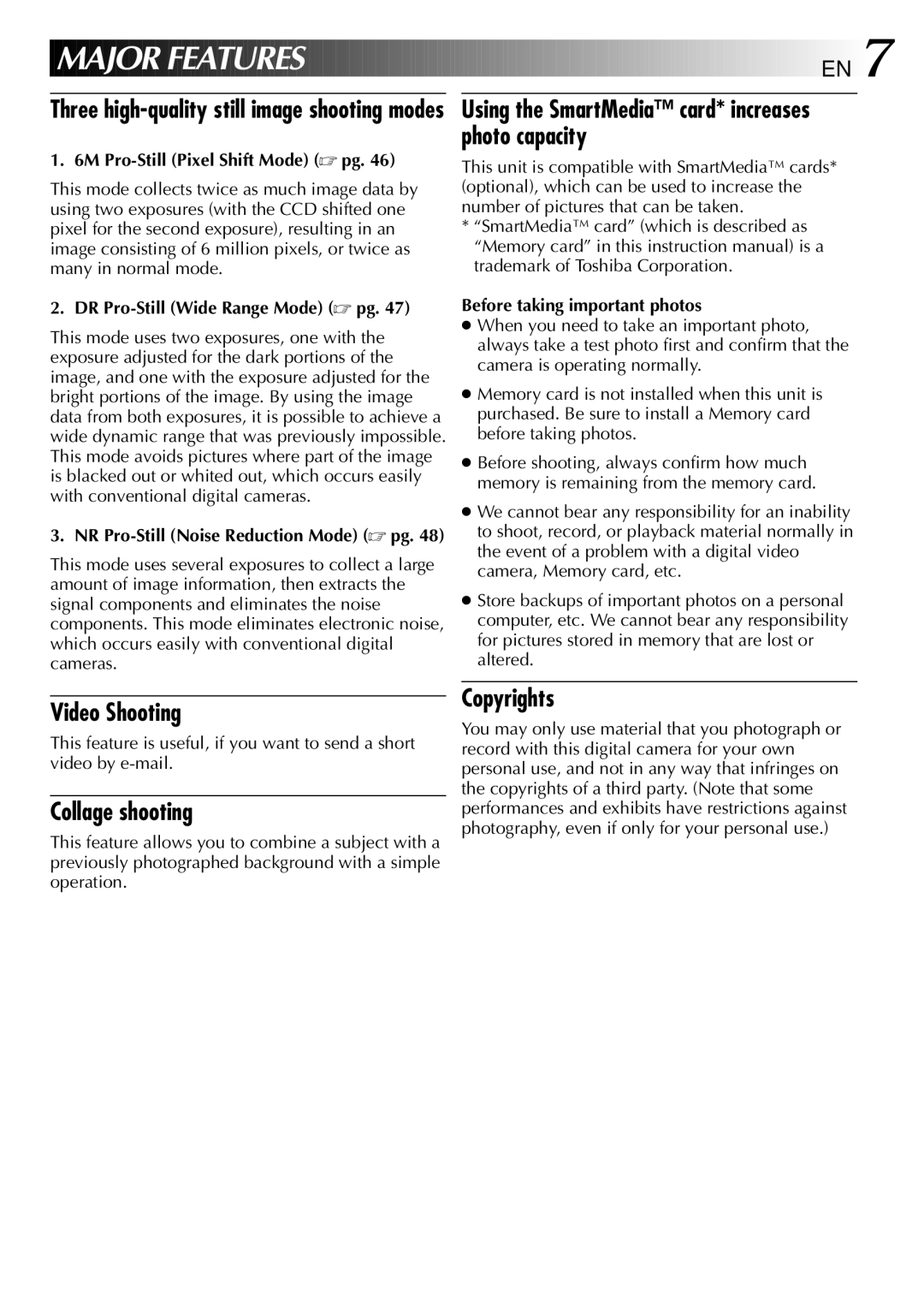 JVC GC-QX3 manual Major Features EN, 6M Pro-Still Pixel Shift Mode pg, DR Pro-Still Wide Range Mode pg 