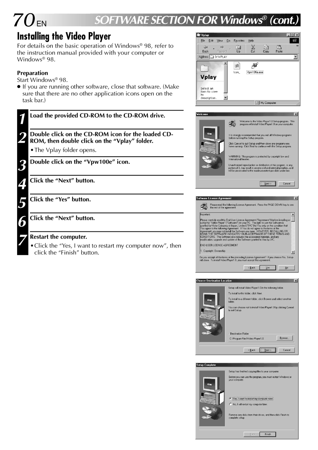 JVC GC-QX3 manual 70 EN, Installing the Video Player, Load the provided CD-ROM to the CD-ROM drive, Vplay folder opens 