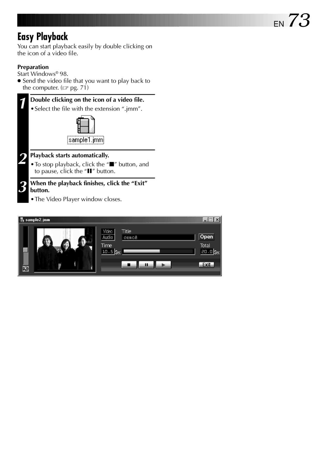 JVC GC-QX3 manual Easy Playback, Double clicking on the icon of a video file, Playback starts automatically 