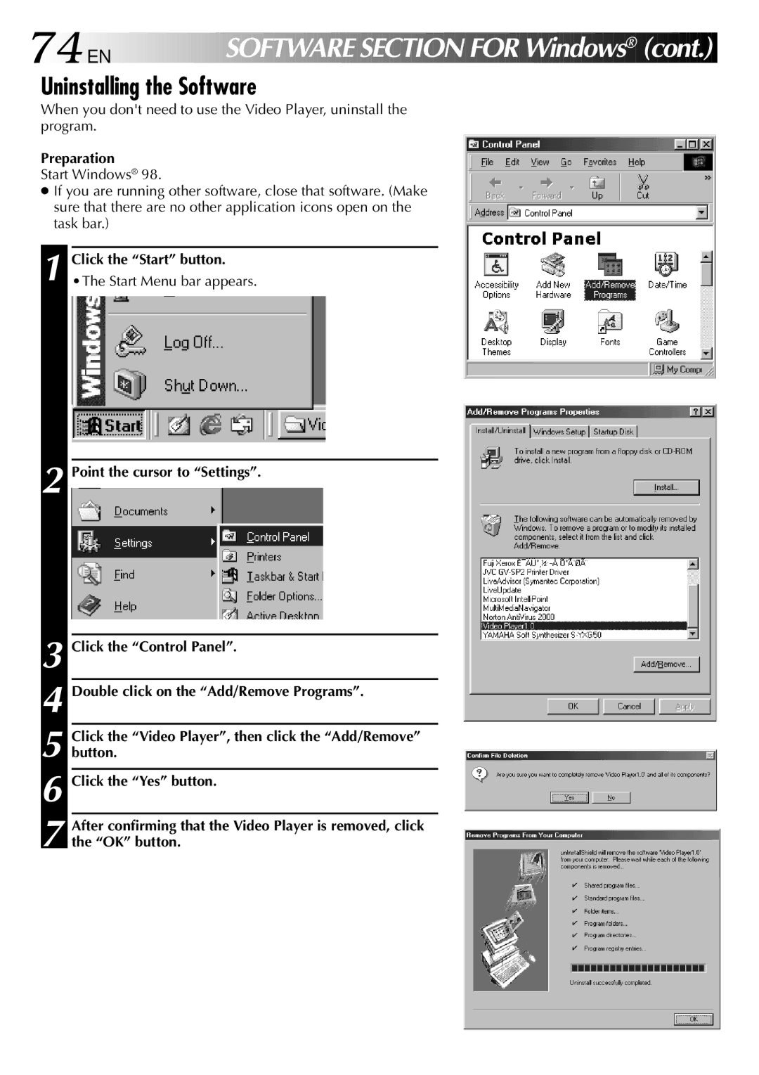 JVC GC-QX3 manual 74 EN, Uninstalling the Software, Click the Start button 