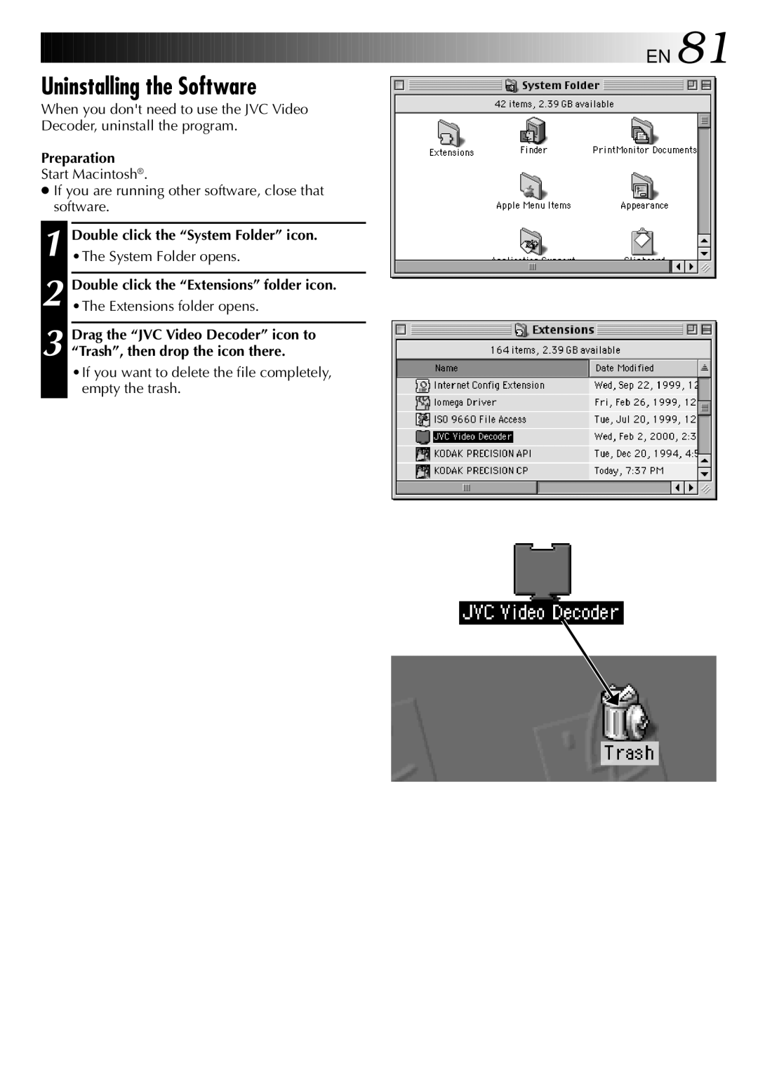 JVC GC-QX3 manual Double click the System Folder icon, System Folder opens, Double click the Extensions folder icon 