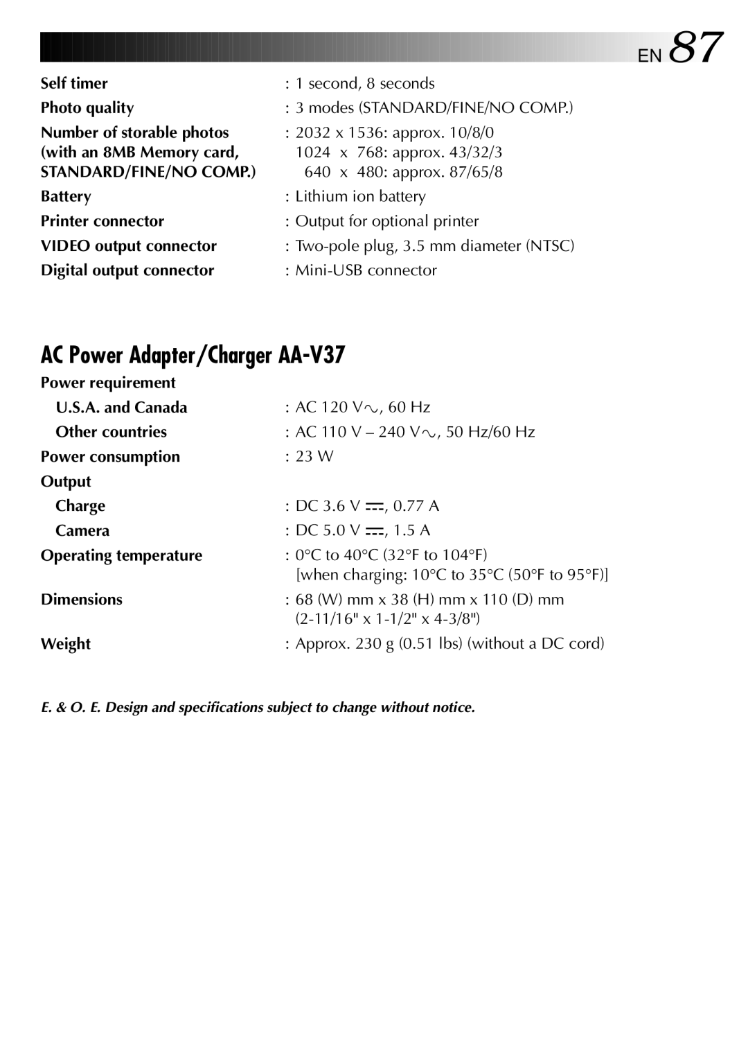 JVC GC-QX3 manual AC Power Adapter/Charger AA-V37 