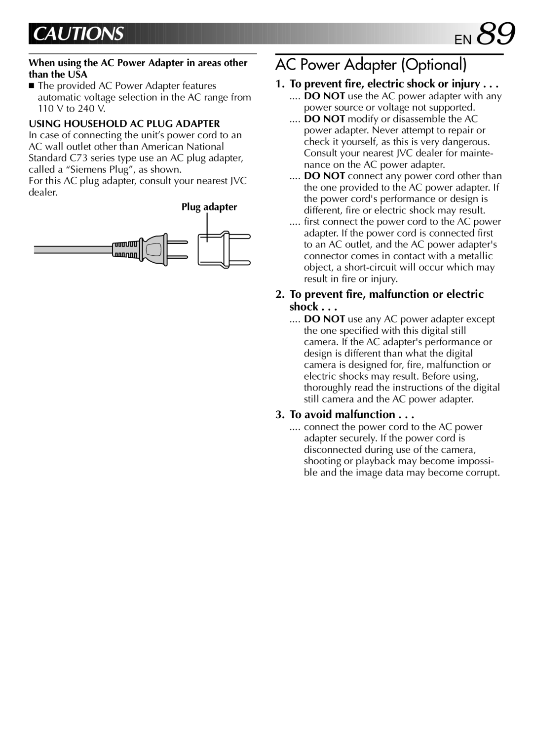 JVC GC-QX3 manual Shock, To avoid malfunction, When using the AC Power Adapter in areas other, Than the USA, Plug adapter 