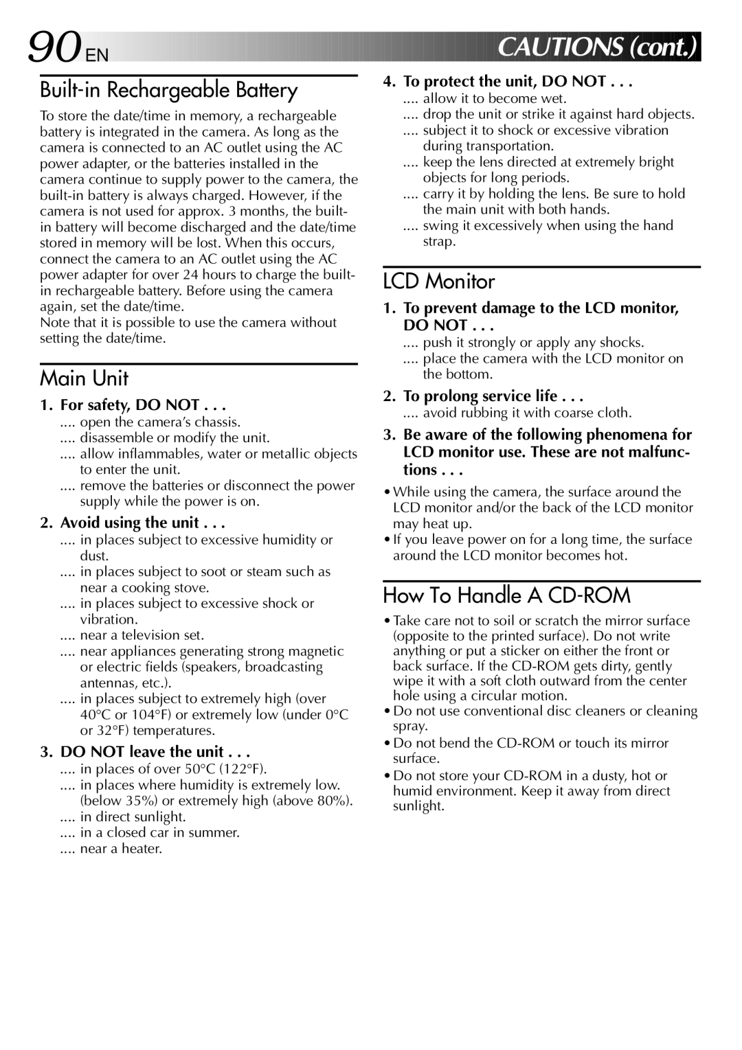 JVC GC-QX3 manual For safety, do not, Avoid using the unit, Do not leave the unit, To protect the unit, do not 