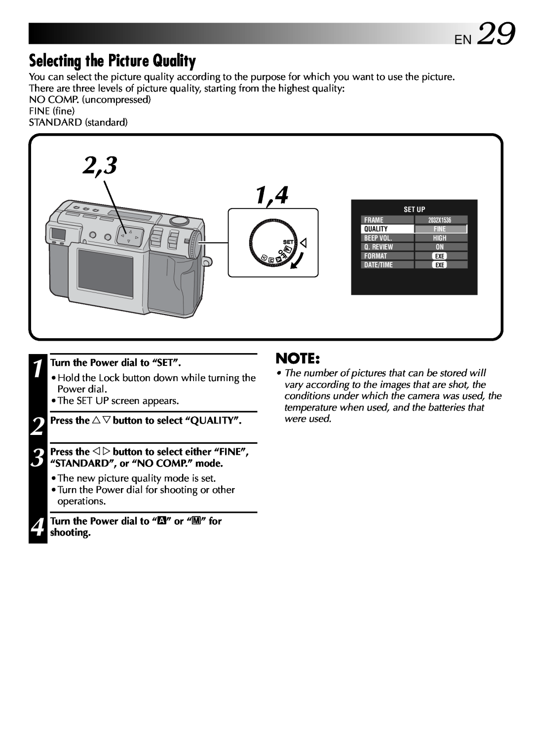 JVC GC-QX3 manual Selecting the Picture Quality, EN29, 2,3 1,4, Turn the Power dial to “SET” 