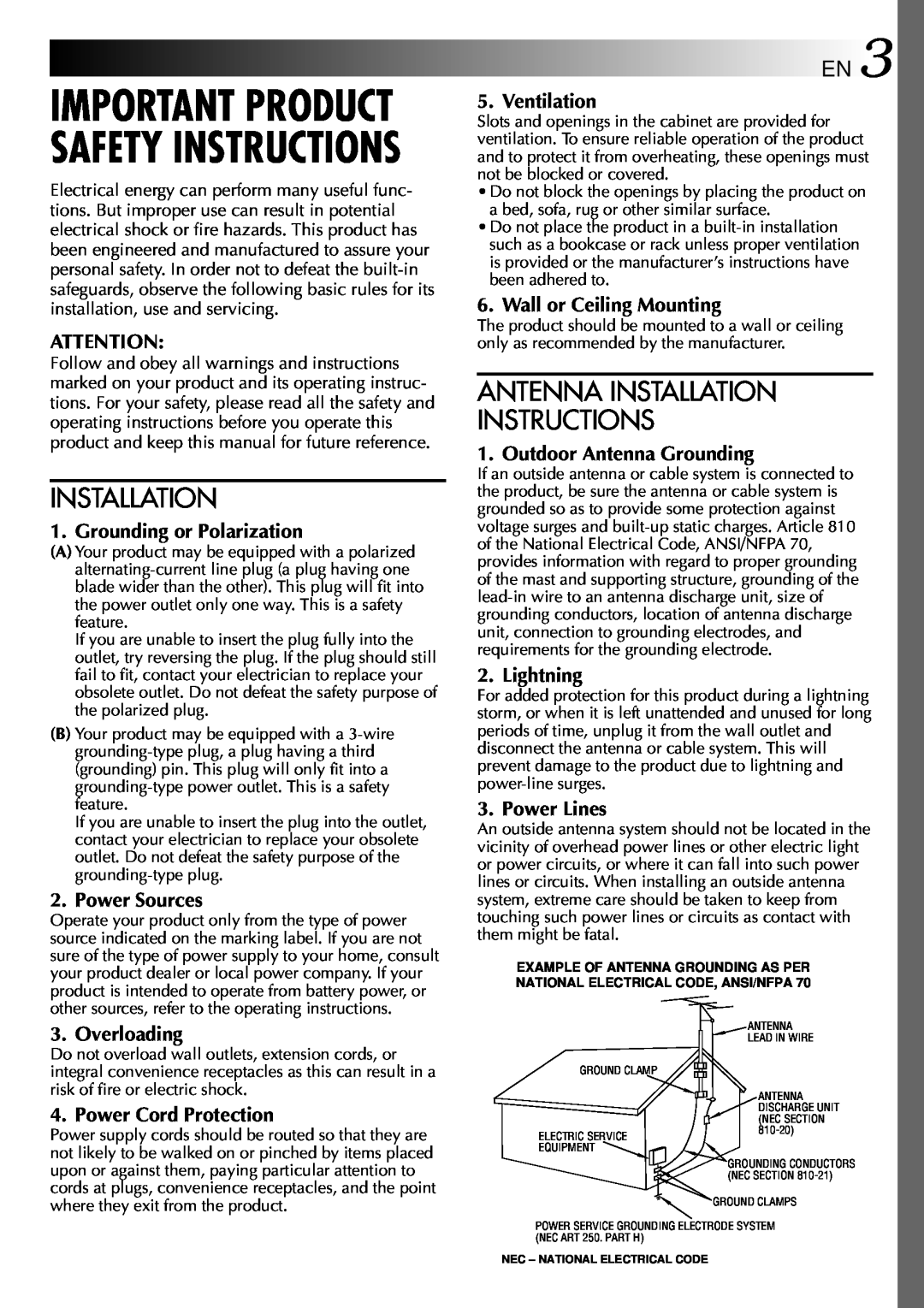 JVC GC-QX3 manual Antenna Installation Instructions, Important Product Safety Instructions 