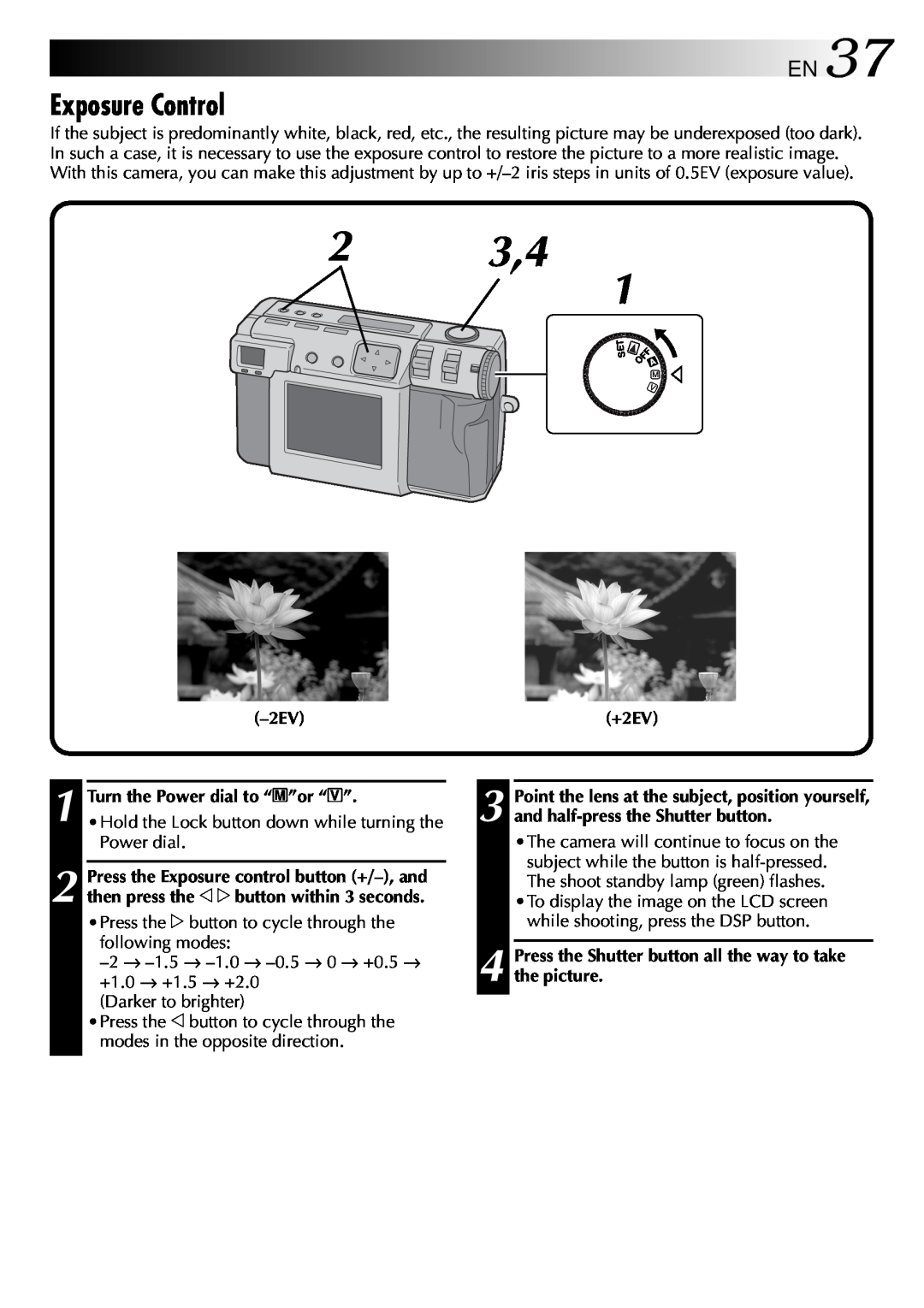 JVC GC-QX3 manual Exposure Control, EN37, 2 3,4, +2EV, Press the Shutter button all the way to take the picture 