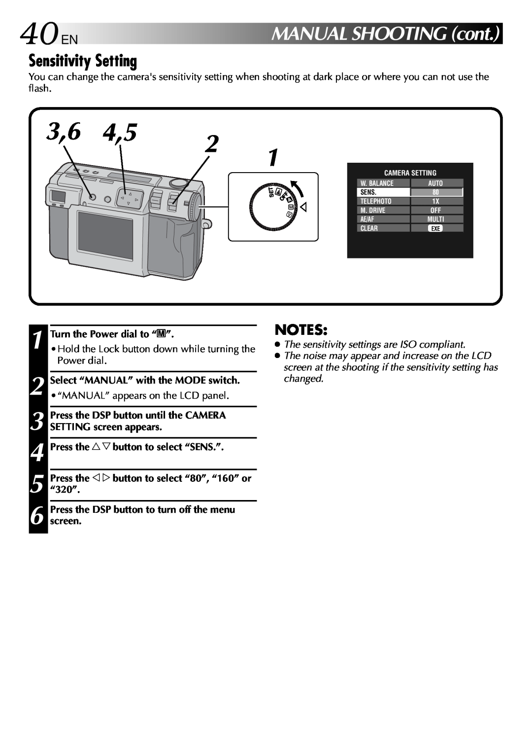 JVC GC-QX3 manual 40EN, Sensitivity Setting, MANUALSHOOTINGcont, Press the r t button to select “SENS.”, Multi, Off M 