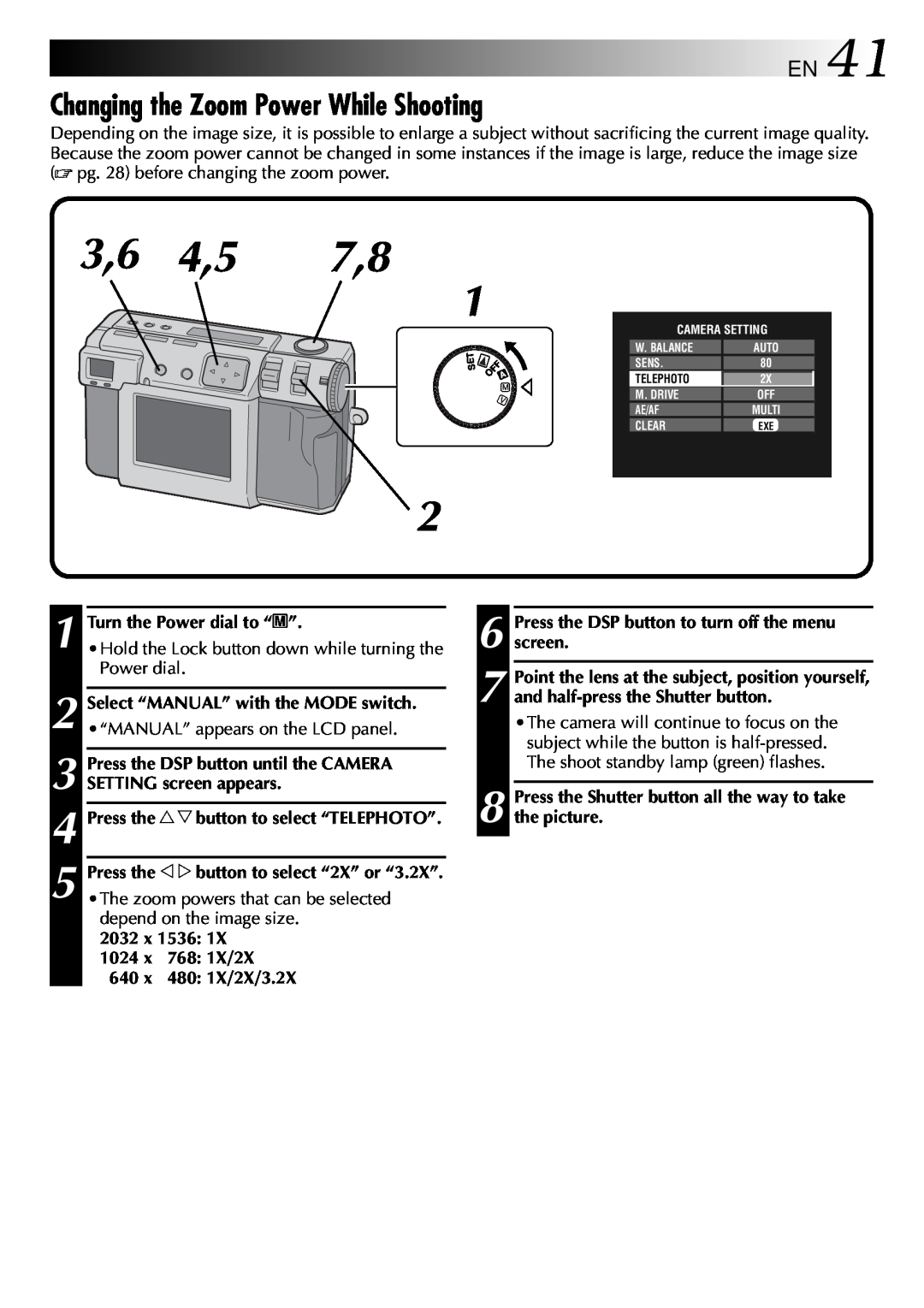 JVC GC-QX3 manual Changing the Zoom Power While Shooting, EN41, Press the DSP button to turn off the menu screen 